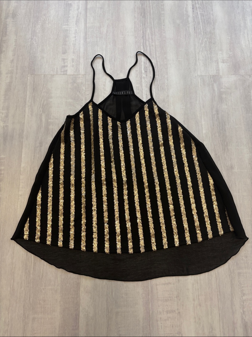 Potter's Pot Black Cami with Gold Sequin Stripes. Sheer back. Size Medium